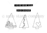 Line-art stamp of three little decorated Christmas trees with sentiments 'feliz navidad' and 'oh christmas tree.'