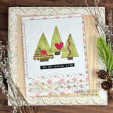 Card of the three trees in soft greens with a red heart, 'on christmas tree.'