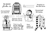 Line-art FRONT & CENTER stamp of an ugly Christmas sweater, a snowman, stacked gifts on a sled and striped socks, with snarky sentiments "Go ahead shake it.", "Naughty is the new nice.", "Just pretend you like it.", "Surprise! It is socks.", "Spoiler alert: It is not a pony.", "This is exactly what you did not ask for." and "This might be coal."