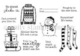 Red rubber stamp sheet with a fair isle sweater, a snowman, a stack of wrapped gifts on a sled and three hanging stockings, plus wry sentiments reading 'Go ahead shake it', 'This might be coal' and 'Naughty is the new nice'.