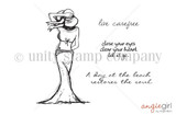 Line-art red rubber stamp of an elegant woman in a wide hat and long gown looking to the sea, with 'A day at the beach restores the soul,' 'live carefree' and 'close your eyes clear your heart let it go.'