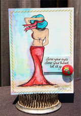 The beach woman in a red gown on a soft watercolor background with 'close your eyes clear your heart let it go.'