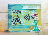 The beach woman in teal on a blue-and-green patterned card with 'A day at the beach restores the soul.'