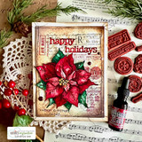Layered card with die-cut 'happy holidays' and a red poinsettia on music paper