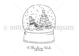 Line-art stamp sheet of a snow globe holding a snowman and a Christmas tree, sentiment 'A Christmas Wish just for you.'
