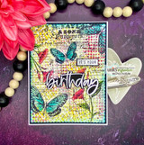 Jewel-toned card with butterflies over the ledger, 'It's your birthday.'