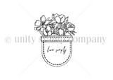 Itty bitty red-rubber stamp art of a pocket filled with hand-drawn flowers and the words 'live simply.'