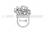 Itty bitty red-rubber stamp art of a pocket filled with hand-drawn flowers and the words 'live simply.'