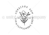 How Wildflowers Grow itty bitty red rubber stamp: the circular sentiment 'Consider how the wildflowers grow' ringed with small wildflowers.