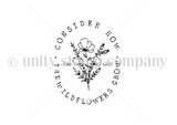 Red rubber stamp sheet with a circular badge of text around a poppy and a bee, reading 'CONSIDER HOW THE WILDFLOWERS GROW', cited to Luke 12:27.