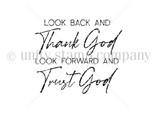 Unity Stamp Co itty bitty red rubber stamp with elegant script reading 'Look back and thank God, look forward and trust God.'