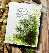 Card with the faith sentiment above a hand-colored pine-bough scene.