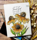 Card with the 'thank God, trust God' script paired with hand-colored sunflowers.