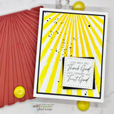 Card with the 'Look back and thank God, look forward and trust God' script layered over a yellow sunburst design.