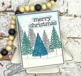 Card of teal pine trees in the snow with the sample sentiment 'merry christmas.'