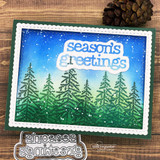 Card of a deep forest of pine trees on blue and green, sample sentiment 'season's greetings.'