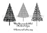 Line-art stamp sheet of three patterned pine trees with 'May this season be filled with abundant joy.' and 'Let heaven and nature sing.'