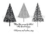 Red rubber stamp sheet with three tall Christmas trees in different textures, one solid and layered, one built from fine dots and one feathered pine, above sentiments reading 'May this season be filled with abundant joy' and 'Let heaven and nature sing'.