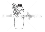 Red rubber stamp art of a sweet snowman hugging sprigs of greenery with 'Peace Love Joy'