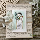 Vintage script card of the snowman with a colorful winter bouquet and cream ribbon