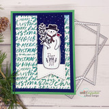 Navy 'Merry Christmas' script card of the snowman in an oval frame with green mat