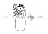 Red rubber stamp art of a sweet snowman hugging sprigs of greenery with 'Peace Love Joy'