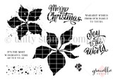 Red rubber stamp sheet with bold inked poinsettia blooms and leaves, beside 'Merry Christmas', 'Joy to the World' and 'IT'S THE MOST WONDERFUL TIME OF THE YEAR'.