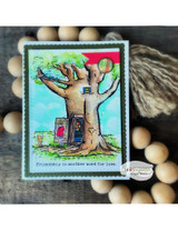 The tree colored with lush green leaves on a bright sky panel, a tiny bear and friend at the door, captioned "Friendship is another word for love."