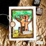 The tree richly colored in green over a distressed kraft background, captioned "Thank you for the visit."