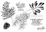 Winter Awaits red rubber stamp set in line art: three painted winter branches, a pine bough, a pinecone, and the sentiments “Winter awaits with the promise of a new beginning” and “A single sunbeam is enough to drive away many shadows.” Designed by Graciellie Design.
