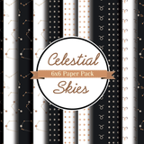 The Celestial Skies 6x6 paper pack fanned open - black, cream and copper sheets printed with constellation maps, zodiac symbols and rows of metallic dots, with a round Celestial Skies label across the middle.
