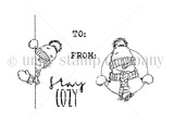 Cozy Greetings red rubber stamp set in line art: a snowman in a pom-pom hat and scarf peeking over an edge, a round snowman peeking through a circle, the words “stay COZY” and small “TO:” and “FROM:” stamps. Illustrated by Jeanie Hays.
