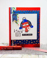 Red, white and blue starry card with the snowman in a red scarf and blue hat, layered over “stay COZY” and “it's cold outside” strips.