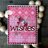 Pink snowflake-embossed card with a die-cut “wishes” word and the snowman in a red hat peeking over the top.