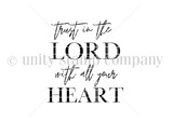 Just Have Trust itty bitty stamp: 'Trust in the Lord with all your heart' in mixed script and serif lettering.