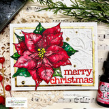Card sample. A red poinsettia with green leaves, 'merry Christmas.'