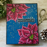 Card sample. Red poinsettias on navy, 'winter greetings.'