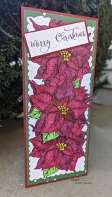 Slimline card sample. A column of red poinsettias, 'merry Christmas.'