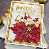 Card sample. A red poinsettia in a gold frame, 'merry Christmas.'