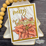 Card sample. A coral poinsettia, 'merry Christmas.'
