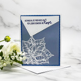 Card sample. A white embossed poinsettia on navy, 'nothing in life prepares us for losing someone we love.'