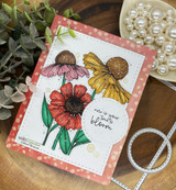 Card on a peach dotted panel with red and yellow coneflowers and a circle sentiment “now is your time to bloom.”