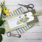 Slim card with the Pooh picnic scene beside a strip of markers and a small sentiment.