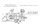 Red rubber stamp sheet showing the classic honey loving bear stretched out on a picnic blanket with a friend, beside 'Small moments lead to a lifetime of memories' and 'ENJOY THE DAY!'