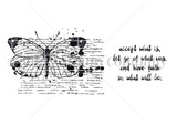 Line-art stamp of a script-textured butterfly with 'accept what is, let go of what was, and have faith in what will be.'