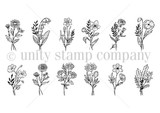 Line-art red rubber stamp set of twelve delicate birth-month flowers arranged in two rows on a white background.