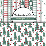 Watercolor Winter 6x6 paper pack — soft watercolor pine trees, red berries and striped patterns in a red, green and white Christmas palette, labeled 'Watercolor Winter 6x6 Paper Pack.'