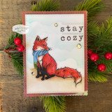 Card of the winter fox with 'stay cozy.'