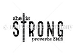 Black 'she is strong, Proverbs 31:25' scripture stamp with a cross forming the T, shown uncolored on white.