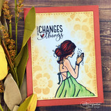 Card with a colored woman praying in a green dress and "Prayer changes things," on yellow floral paper